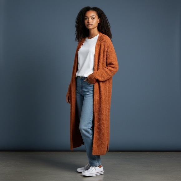 ANDREE BY UNIT Sweaters - Andree by Unit Rust Orange Textured Long Open Front Cardigan Sweater Size M
